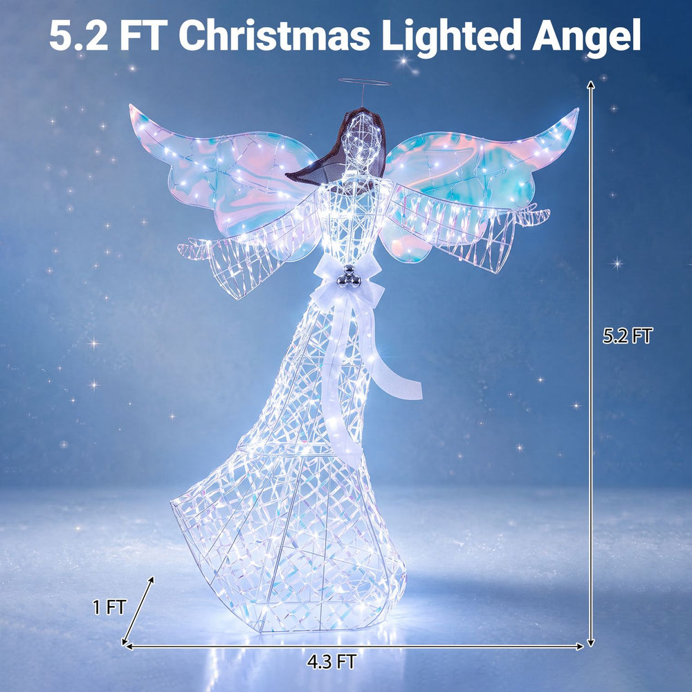 Iridescent 5.2 ft Christmas angel decoration with 230 cold white LEDs, perfect for outdoor holiday displays.