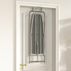 Space-saving gray metal hanging ironing board mounted on a door, featuring a robust frame and built-in iron holder.