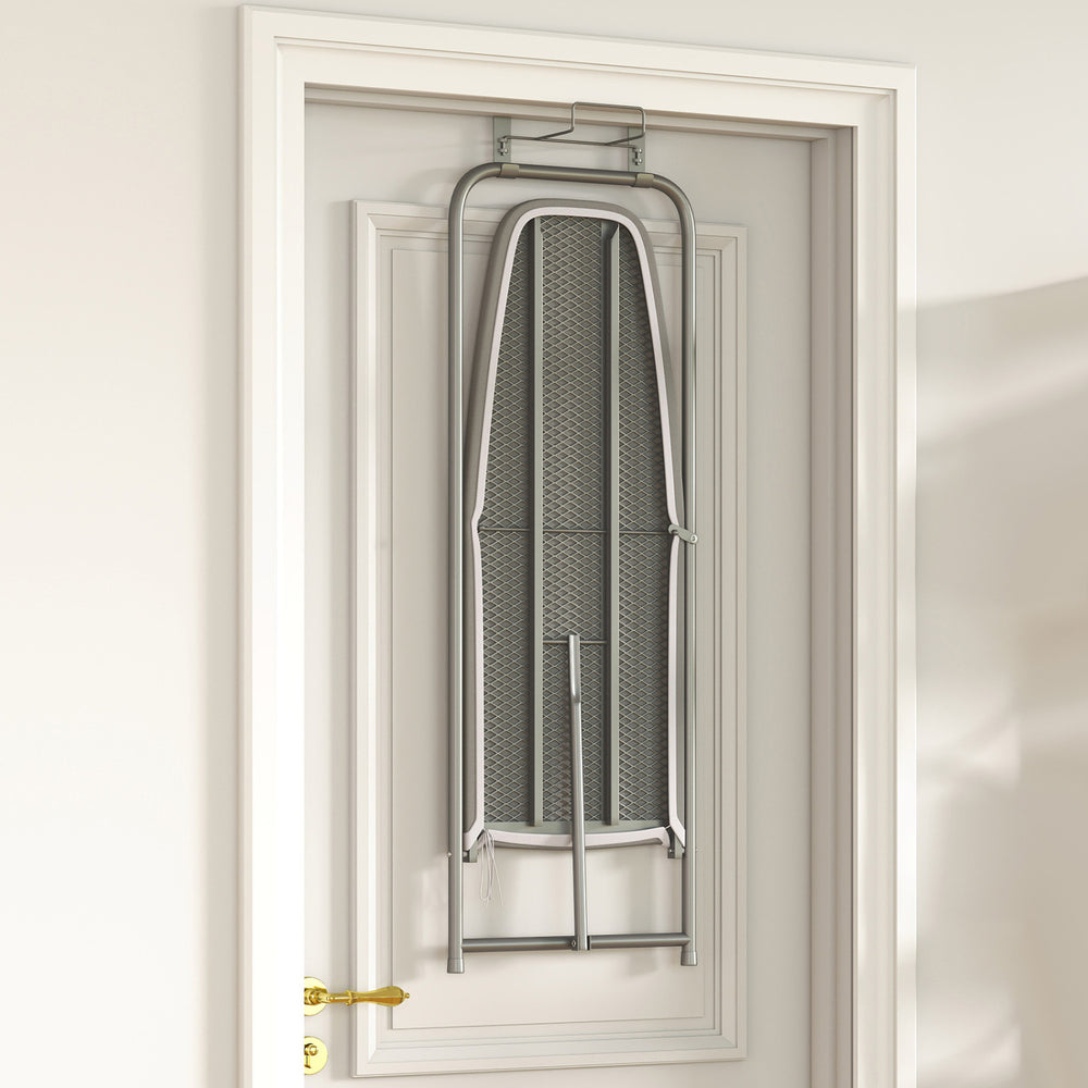 Space-saving gray metal hanging ironing board mounted on a door, featuring a robust frame and built-in iron holder.