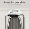 Space-saving gray ironing board with a convenient metal iron holder, designed for easy storage and accessibility.