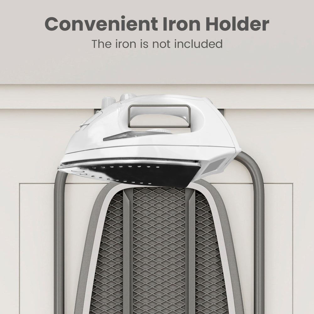Space-saving gray ironing board with a convenient metal iron holder, designed for easy storage and accessibility.