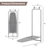 Space-saving gray metal ironing board with dimensions, featuring a 3-tier cover and built-in iron holder for easy.