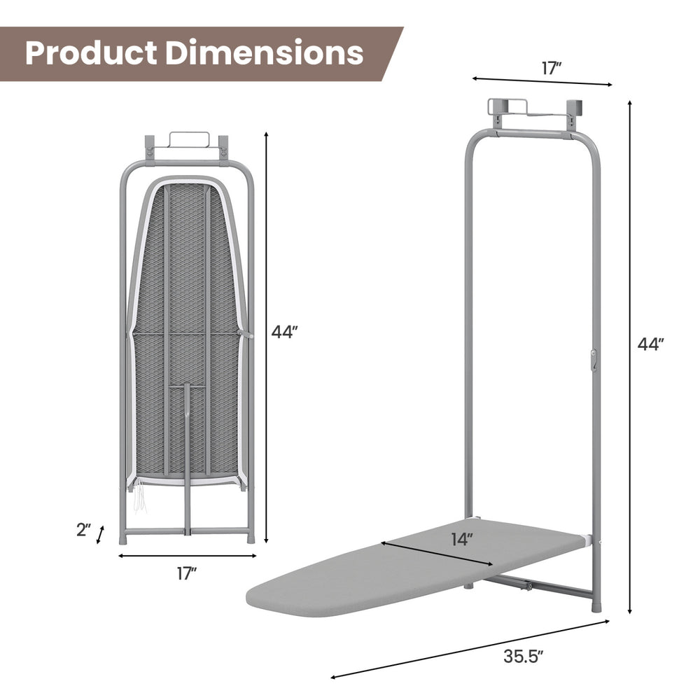 Space-saving gray metal ironing board with dimensions, featuring a 3-tier cover and built-in iron holder for easy.