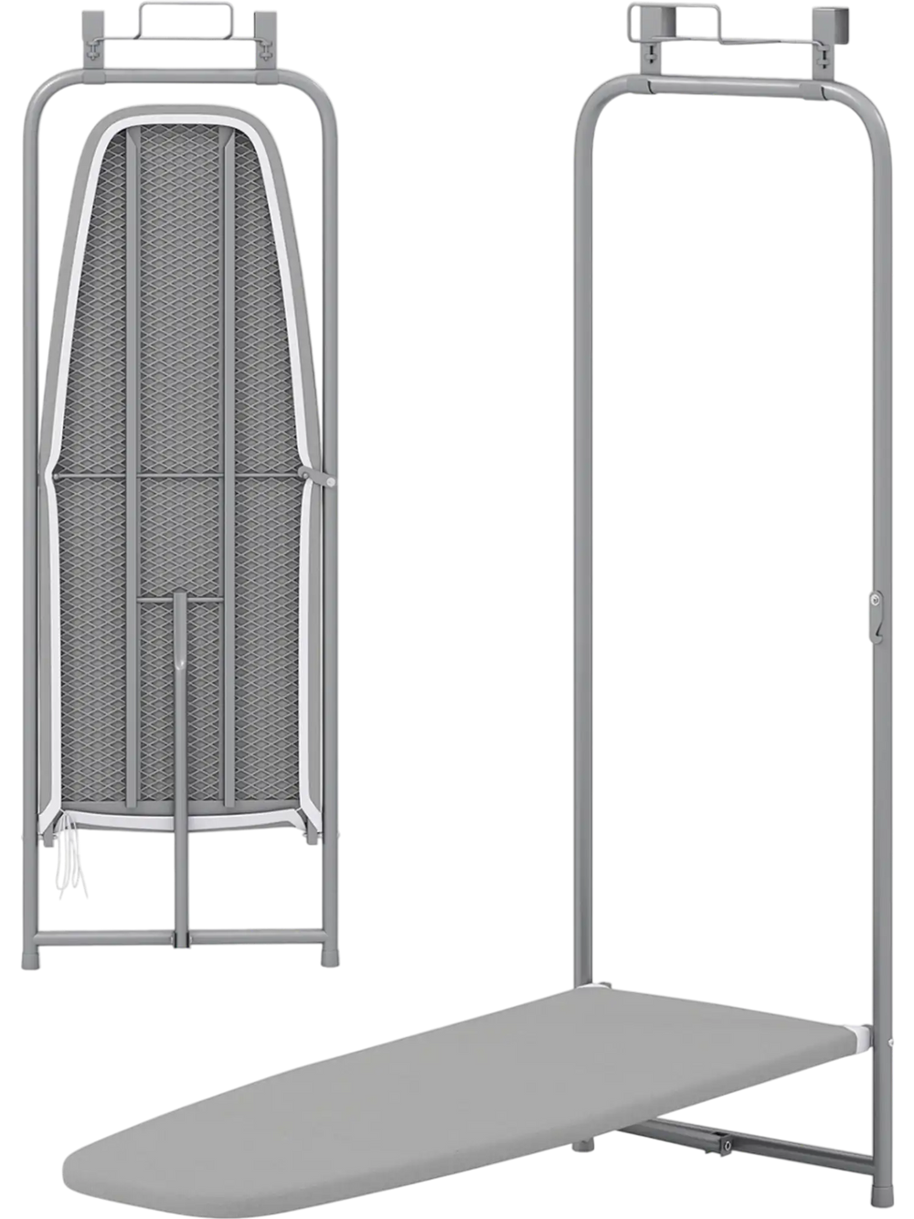 Gray space-saving metal hanging ironing board with a robust frame and built-in iron holder, ideal for laundry rooms.