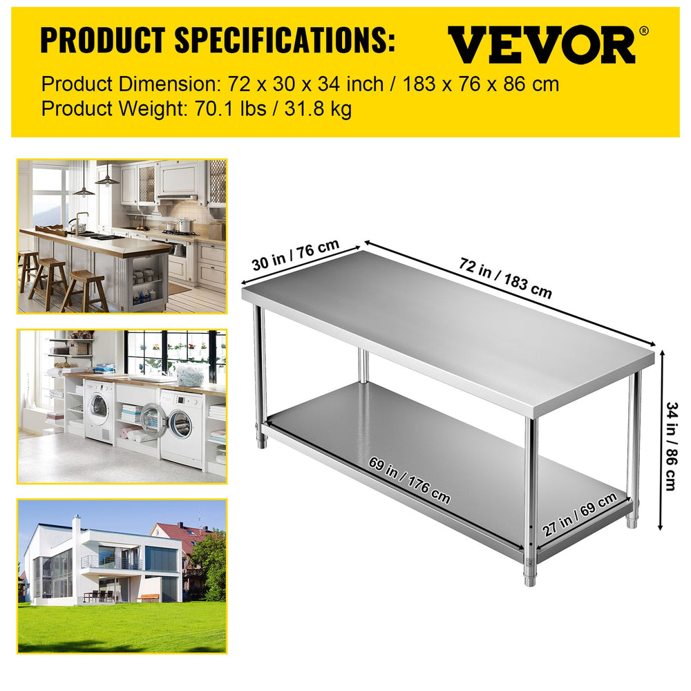 Vevor Prep Table 72" x 30" x 34" Stainless Steel 550 lbs. Capacity with Adjustable Undershelf New