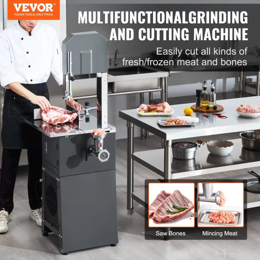 Vevor Commercial Electric Meat Bandsaw 850W with Grinder Stainless Steel 7" Cut Thickness New