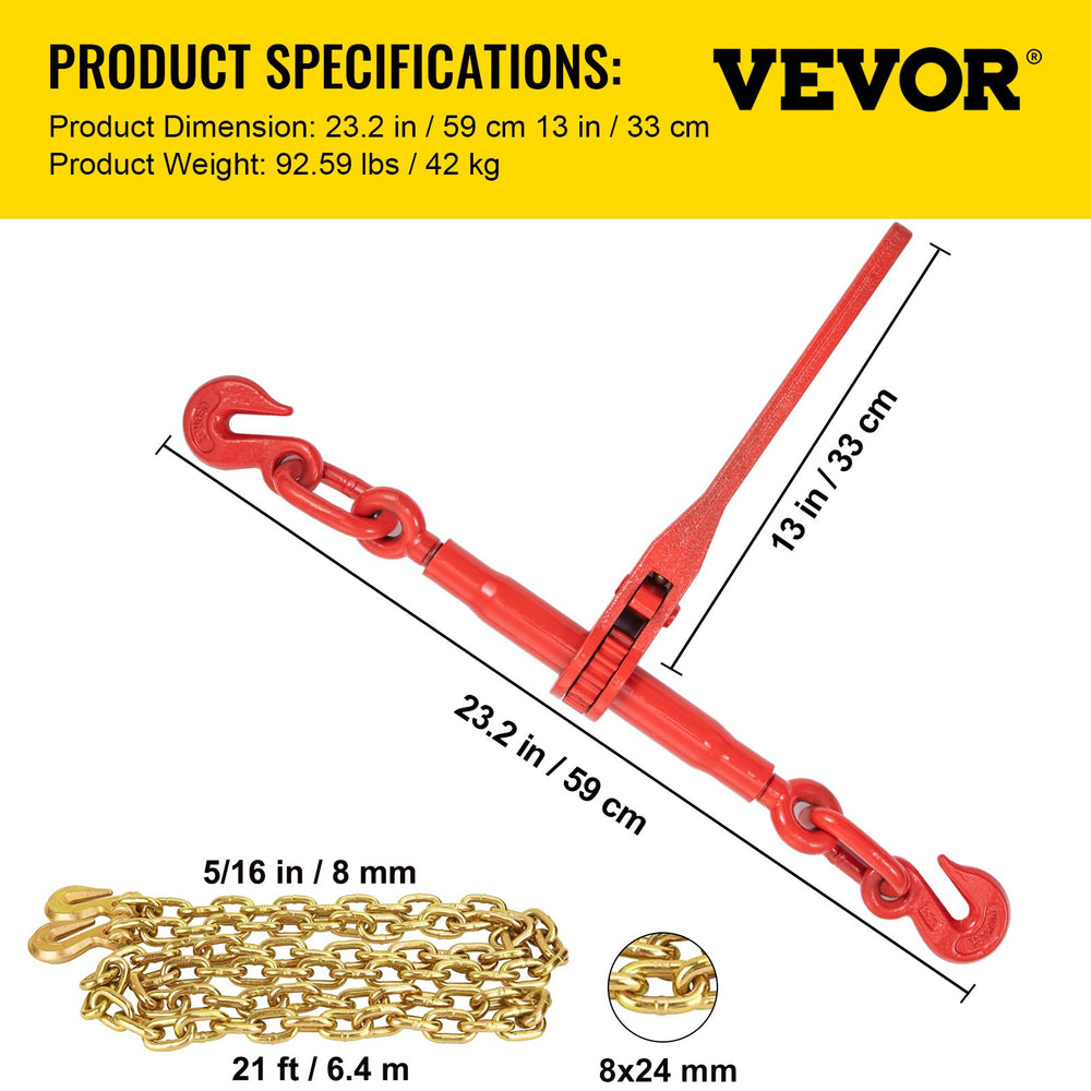 Vevor Ratchet Load Binder 5/16" Kit 6600 Lbs Working Load Capacity with 2 Grab Hooks and 21' G80 Chains New