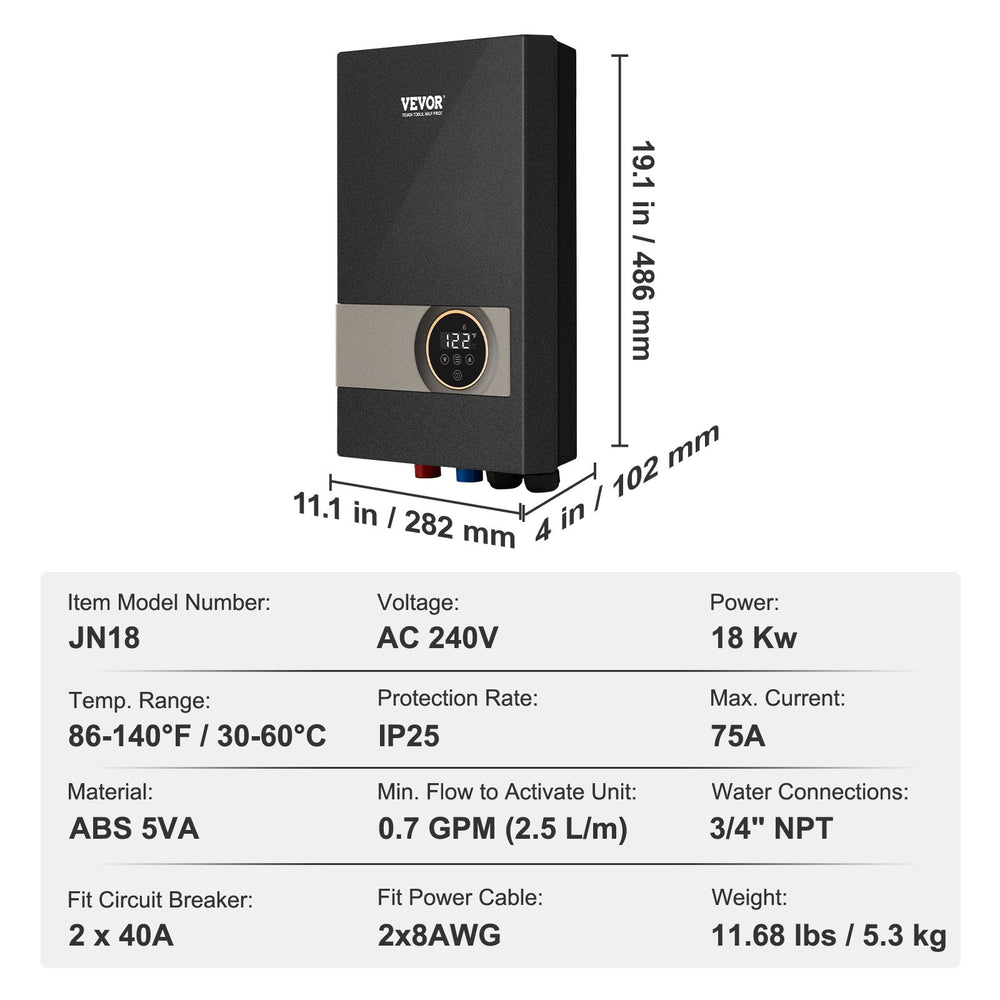 Vevor Tankless Water Heater Electric 18 kW 240V 0.6 GPM 3/4" NPT Connect New