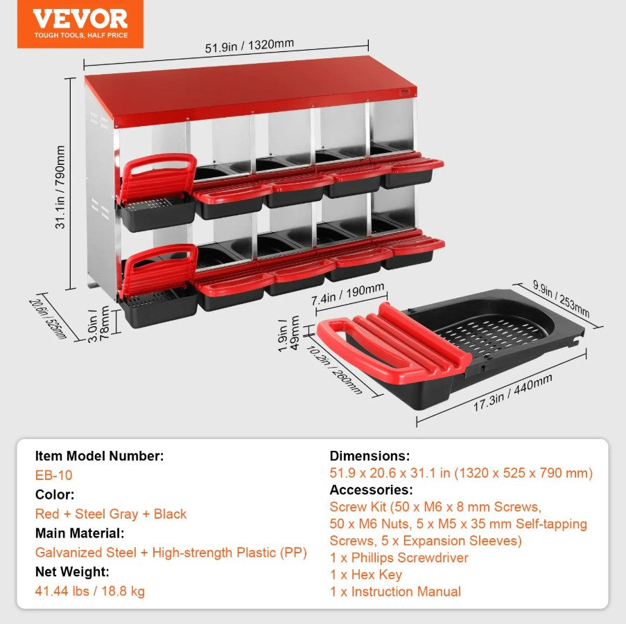 Vevor Chicken Nesting Box 10-Compartment with Roll-Out Egg Tray and Ventilated Design New
