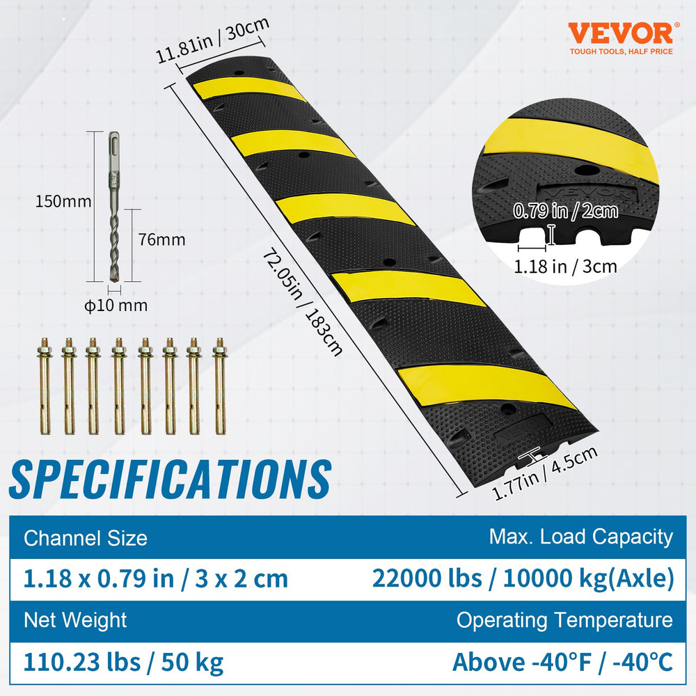 Vevor Rubber Speed Bump 72" x 11.8" 2-Channel Cable Protector 22000 Lbs Load 2-Pack New