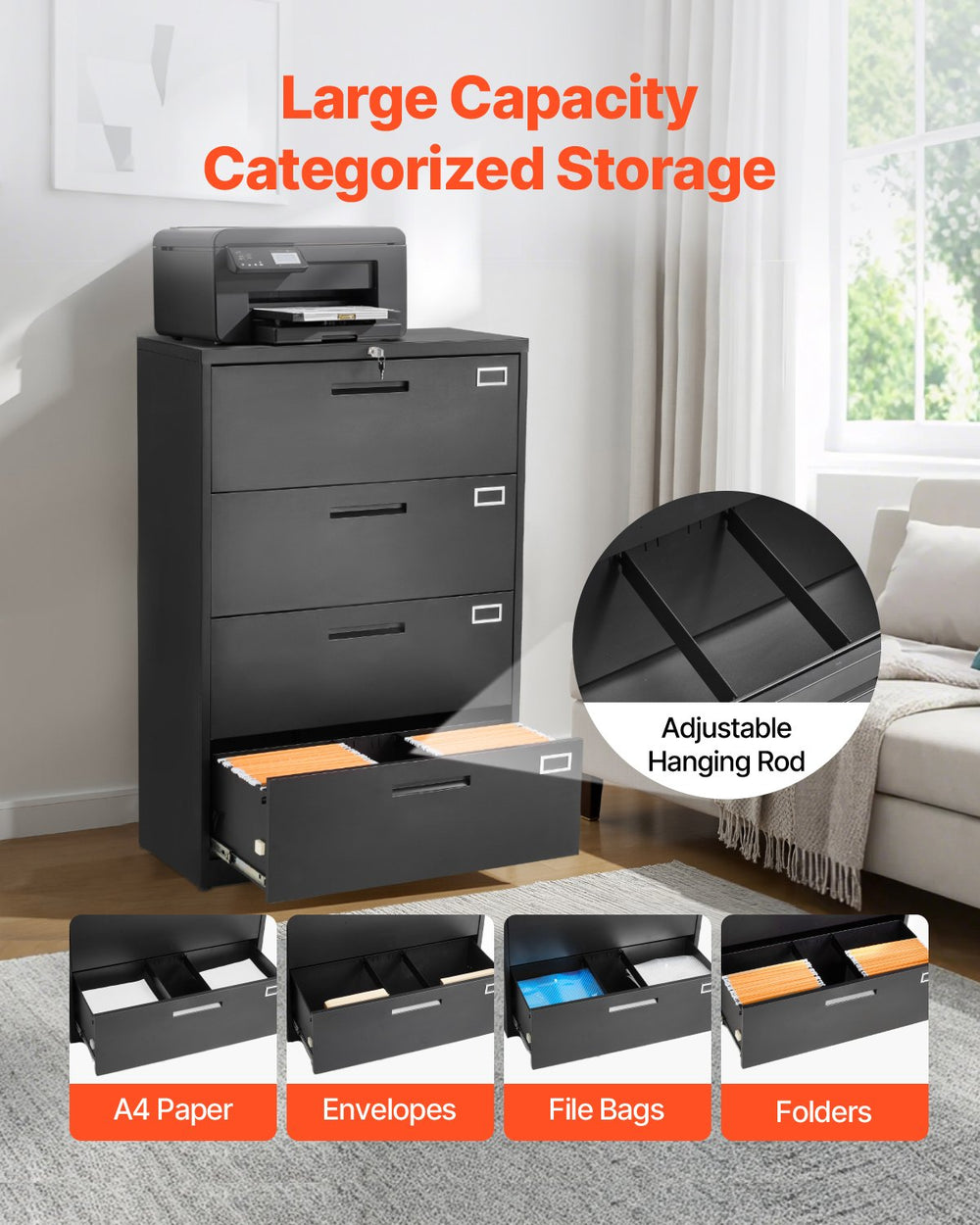 Vevor Metal File Cabinet 4 Drawer with Lock Vertical Filing Storage for Home Office Black New
