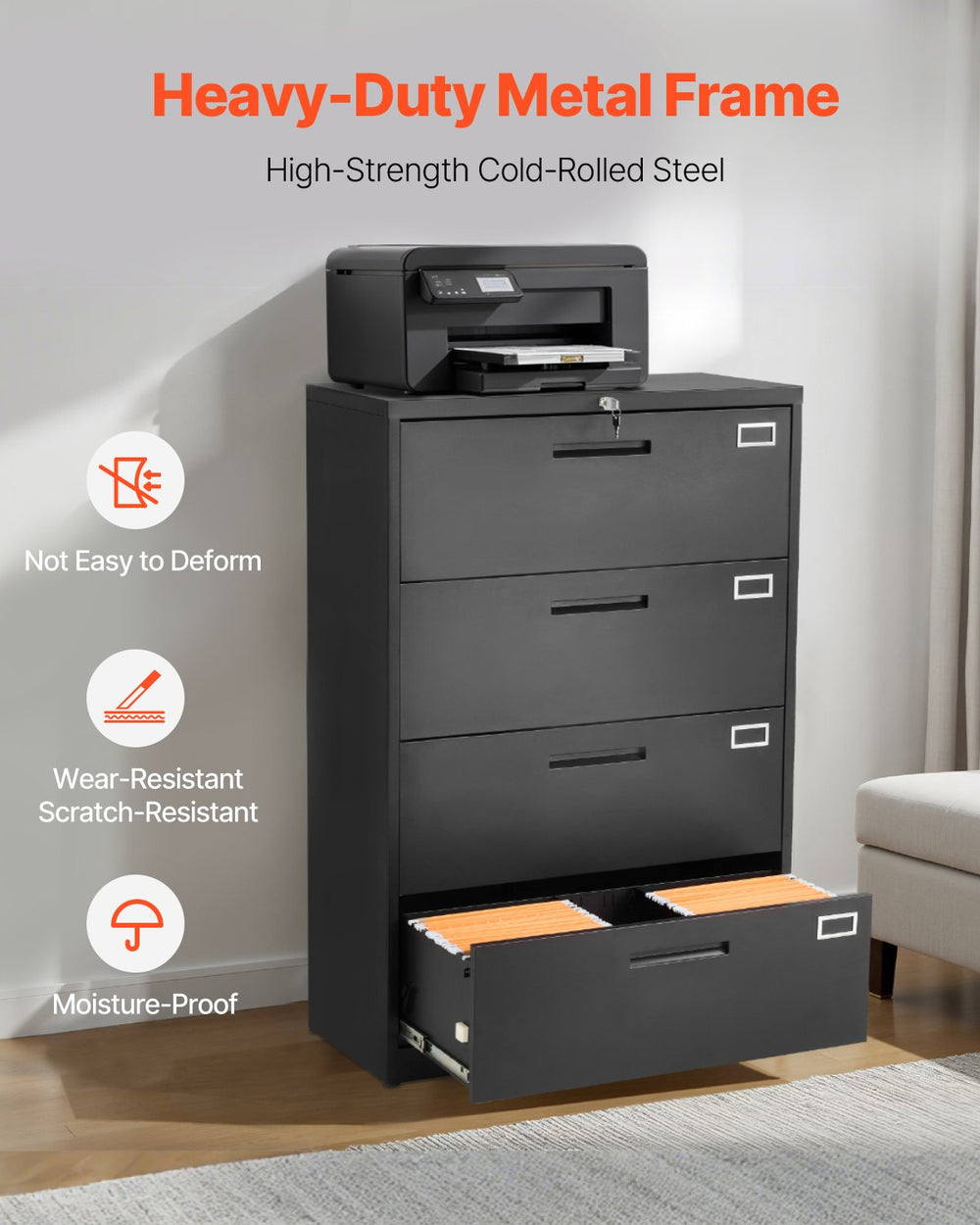 Vevor Metal File Cabinet 4 Drawer with Lock Vertical Filing Storage for Home Office Black New
