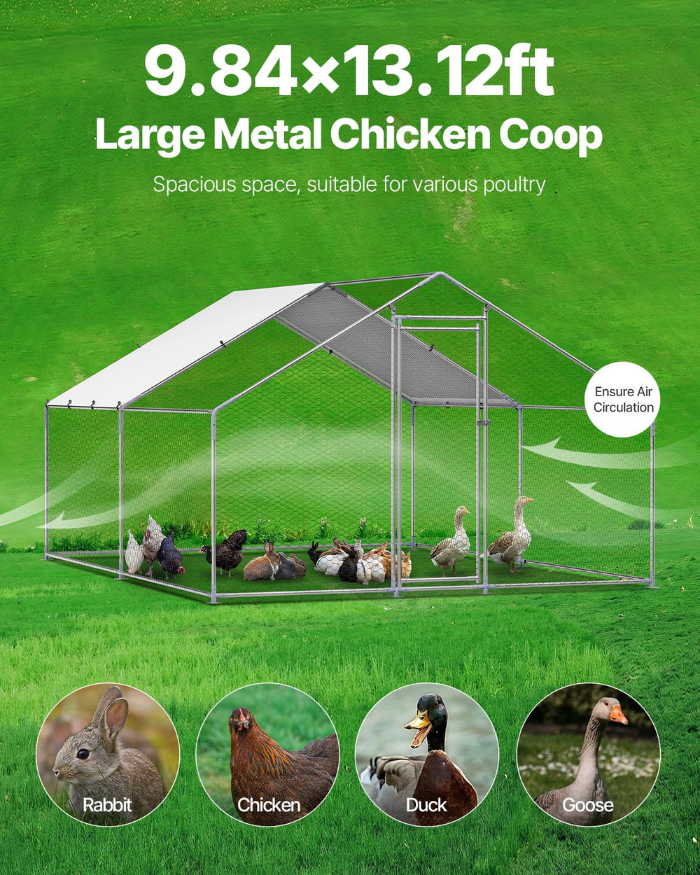 Vevor Walk-In Metal Chicken Coop 9.8' x 13.1' x 6.5' with Galvanized Steel Frame and Spire Roof New
