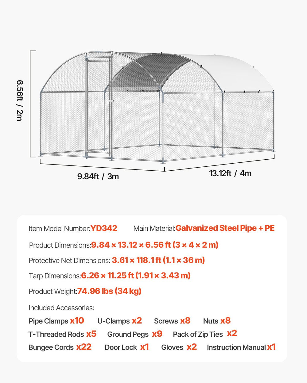 Vevor Walk-In Metal Chicken Coop 9.8' x 13.1' x 6.5' with Galvanized Steel Frame and Dome Roof New