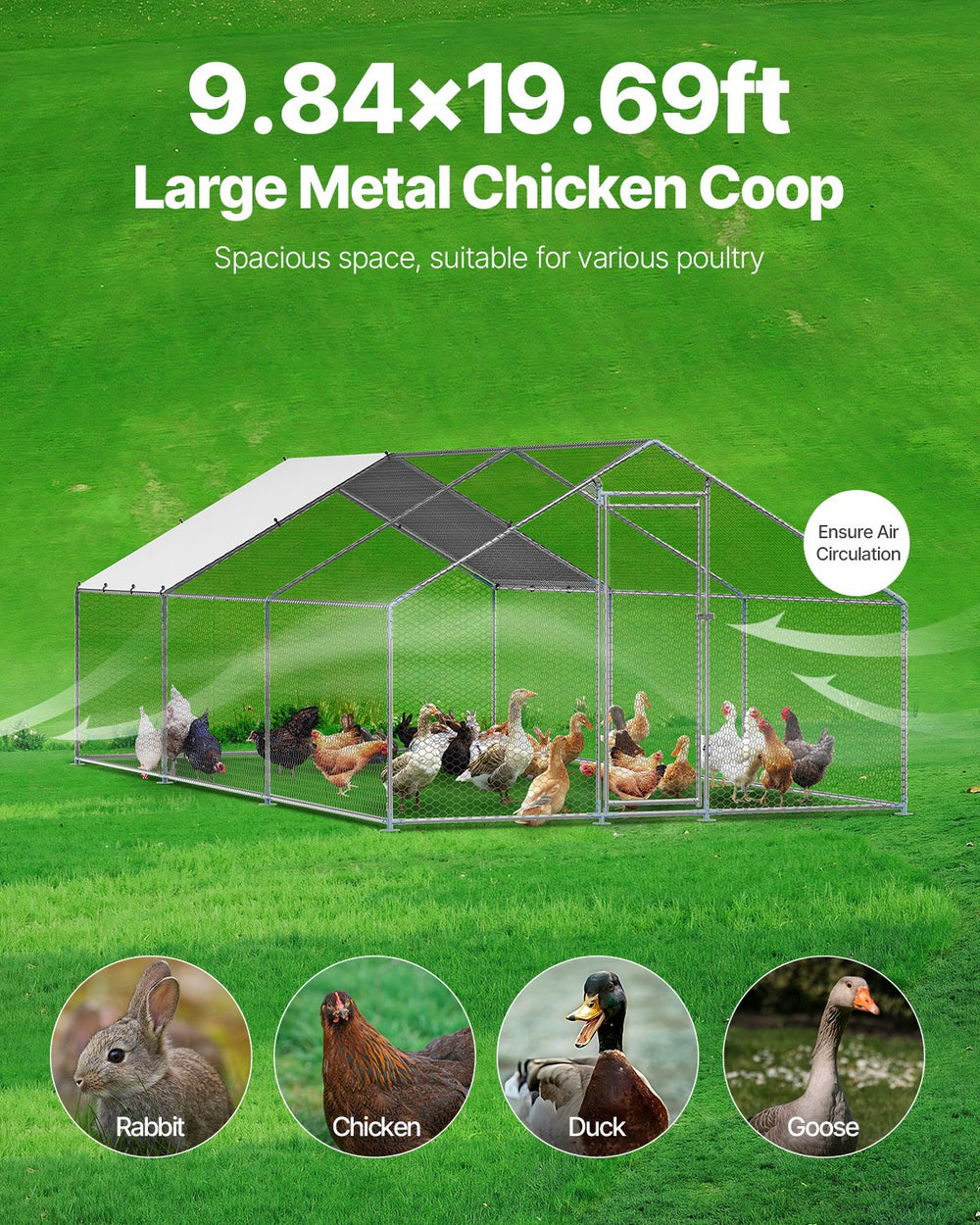 Vevor Walk-In Metal Chicken Coop 9.8' x 19.6' x 6.5' with Galvanized Steel Frame and Spire Roof New