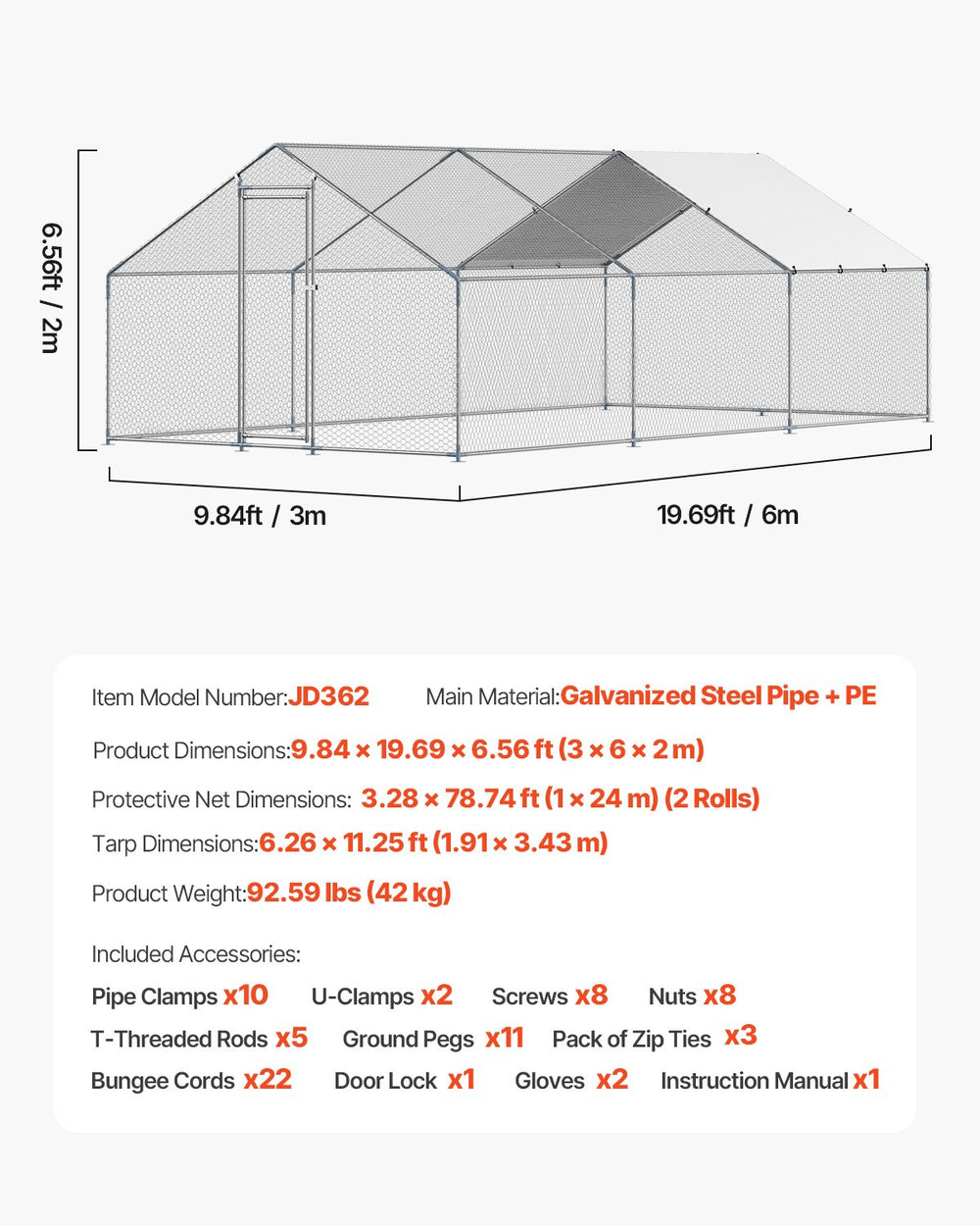 Vevor Walk-In Metal Chicken Coop 9.8' x 19.6' x 6.5' with Galvanized Steel Frame and Spire Roof New