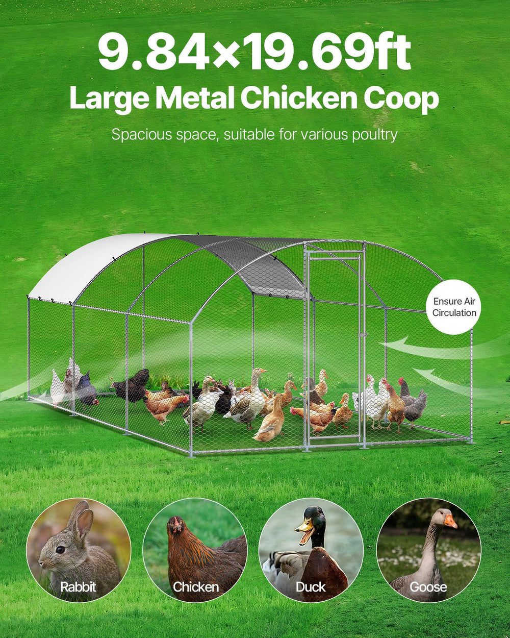 Vevor Walk-In Metal Chicken Coop 9.8' x 19.6' x 6.5' with Galvanized Steel Frame and Dome Roof New