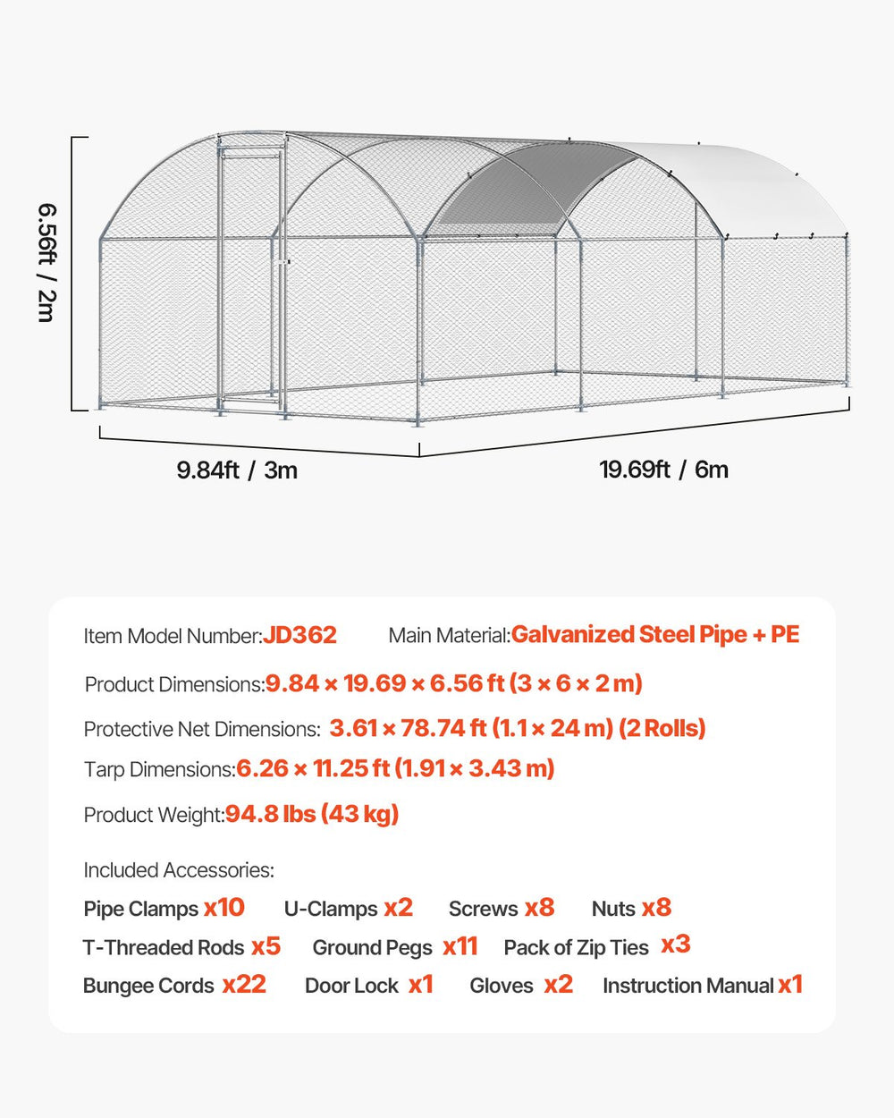 Vevor Walk-In Metal Chicken Coop 9.8' x 19.6' x 6.5' with Galvanized Steel Frame and Dome Roof New