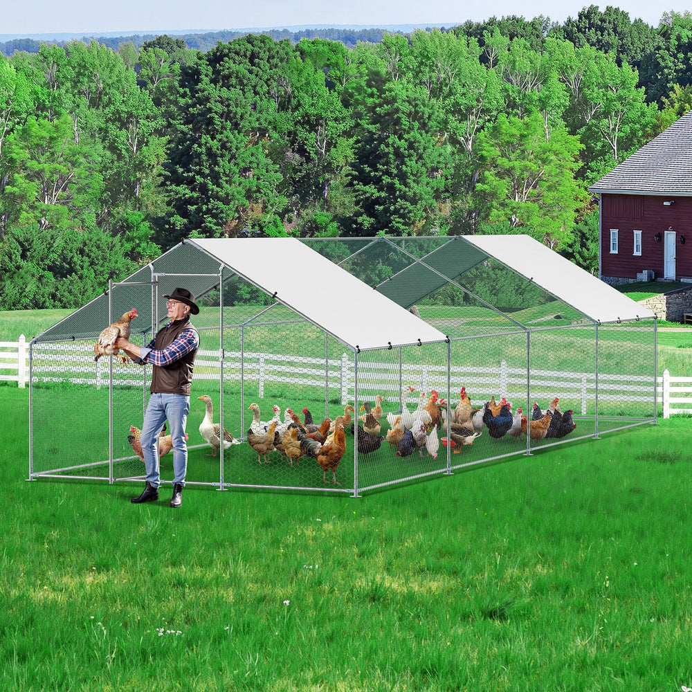 Vevor Walk-In Metal Chicken Coop 9.8' x 26.2' x 6.5' with Galvanized Steel Frame and Spire Roof New