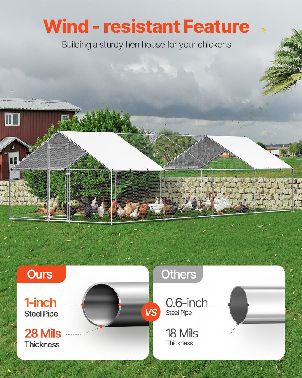 Vevor Walk-In Metal Chicken Coop 9.8' x 26.2' x 6.5' with Galvanized Steel Frame and Spire Roof New