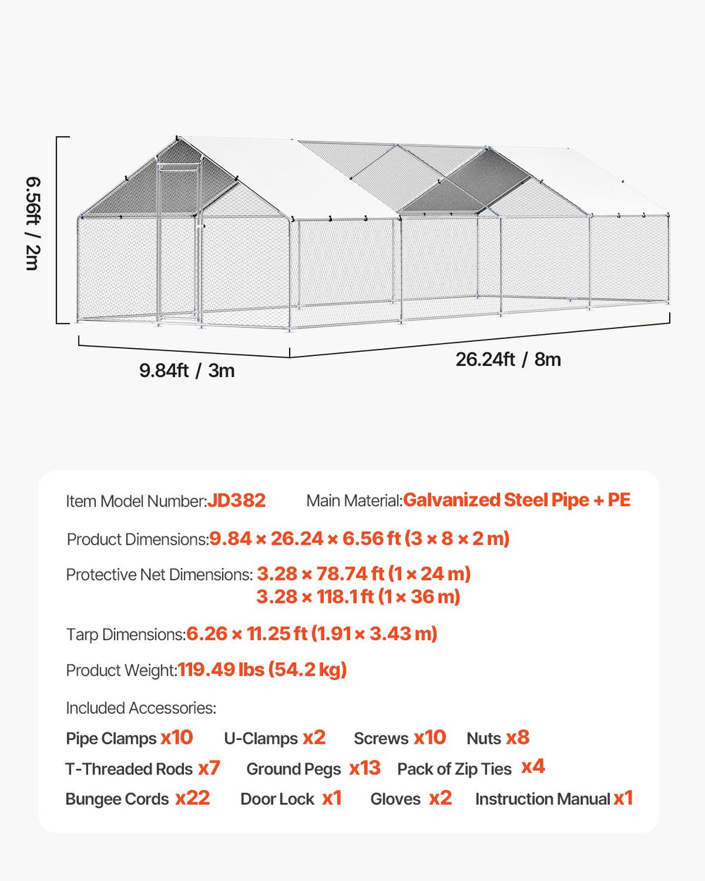 Vevor Walk-In Metal Chicken Coop 9.8' x 26.2' x 6.5' with Galvanized Steel Frame and Spire Roof New