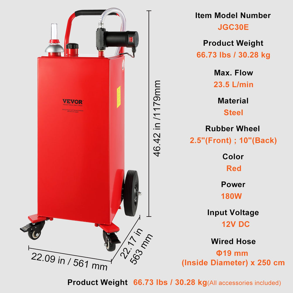 Vevor Fuel Caddy 30 Gal 180W Portable Storage Tank with Electric Pump 6.2 Gal/min Max Flow New