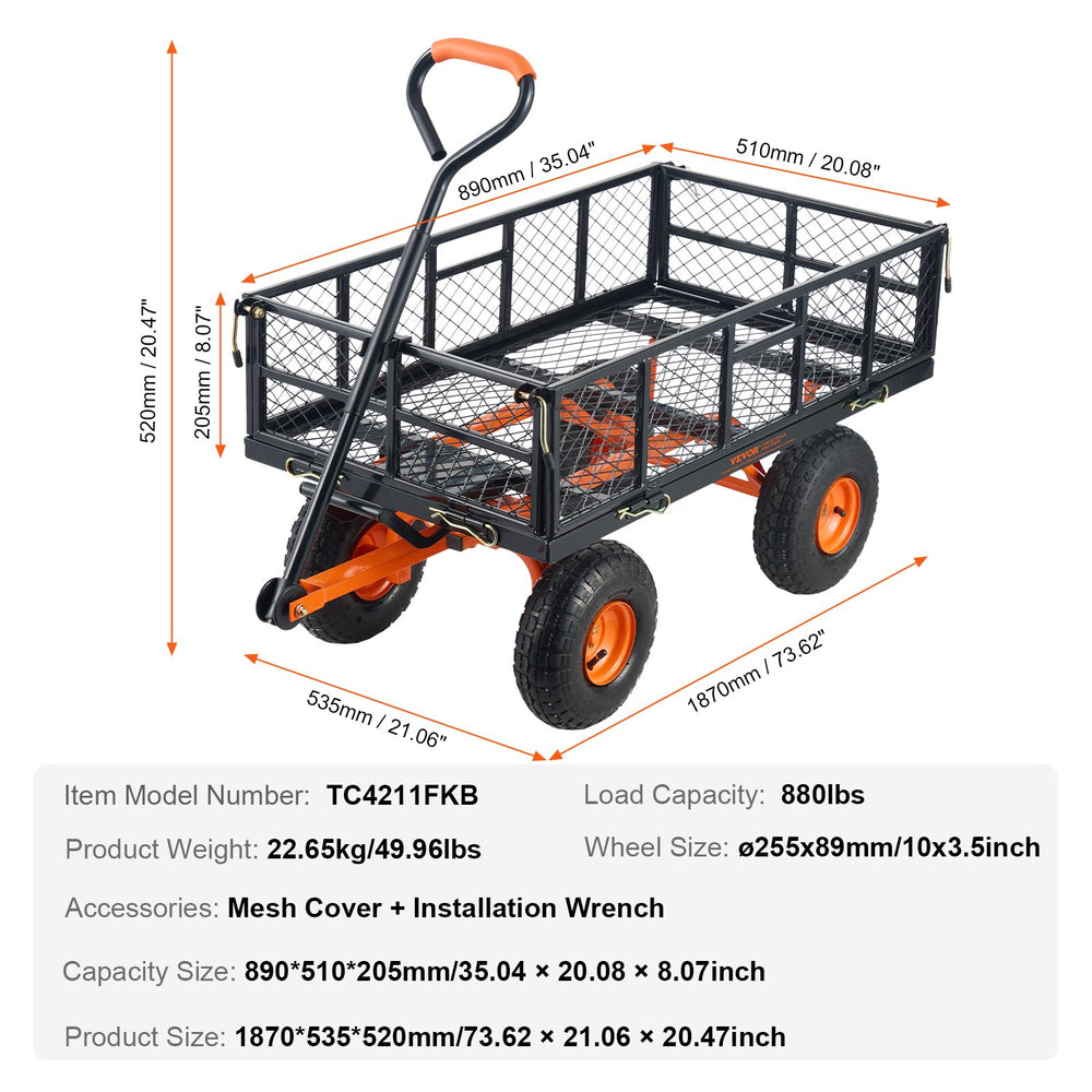 Vevor Dump Cart 880 lbs. Capacity 3.2 cu. ft. Steel Garden Utility 10" Tires New