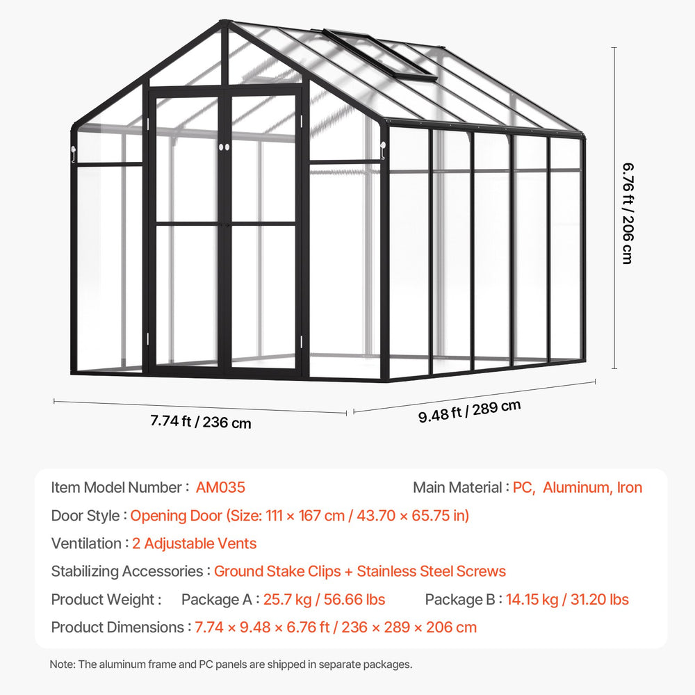 Vevor Polycarbonate Walk-In Greenhouse 8' x 10' with Aluminum Frame and Roof Vents New