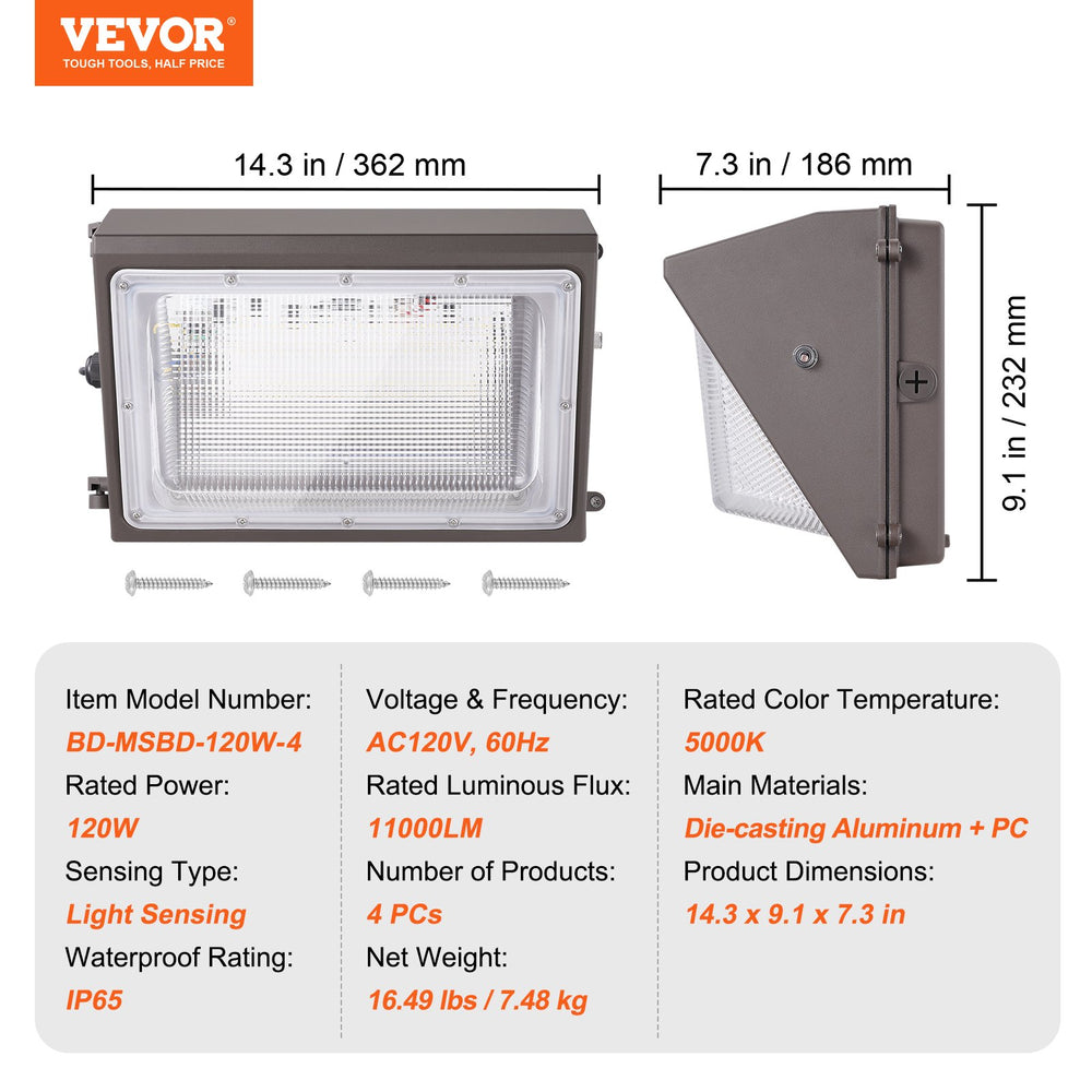 Vevor LED Wall Pack Lights 120W 11000LM 5000K IP65 Waterproof Intelligent Light Sensing 4-Pack New