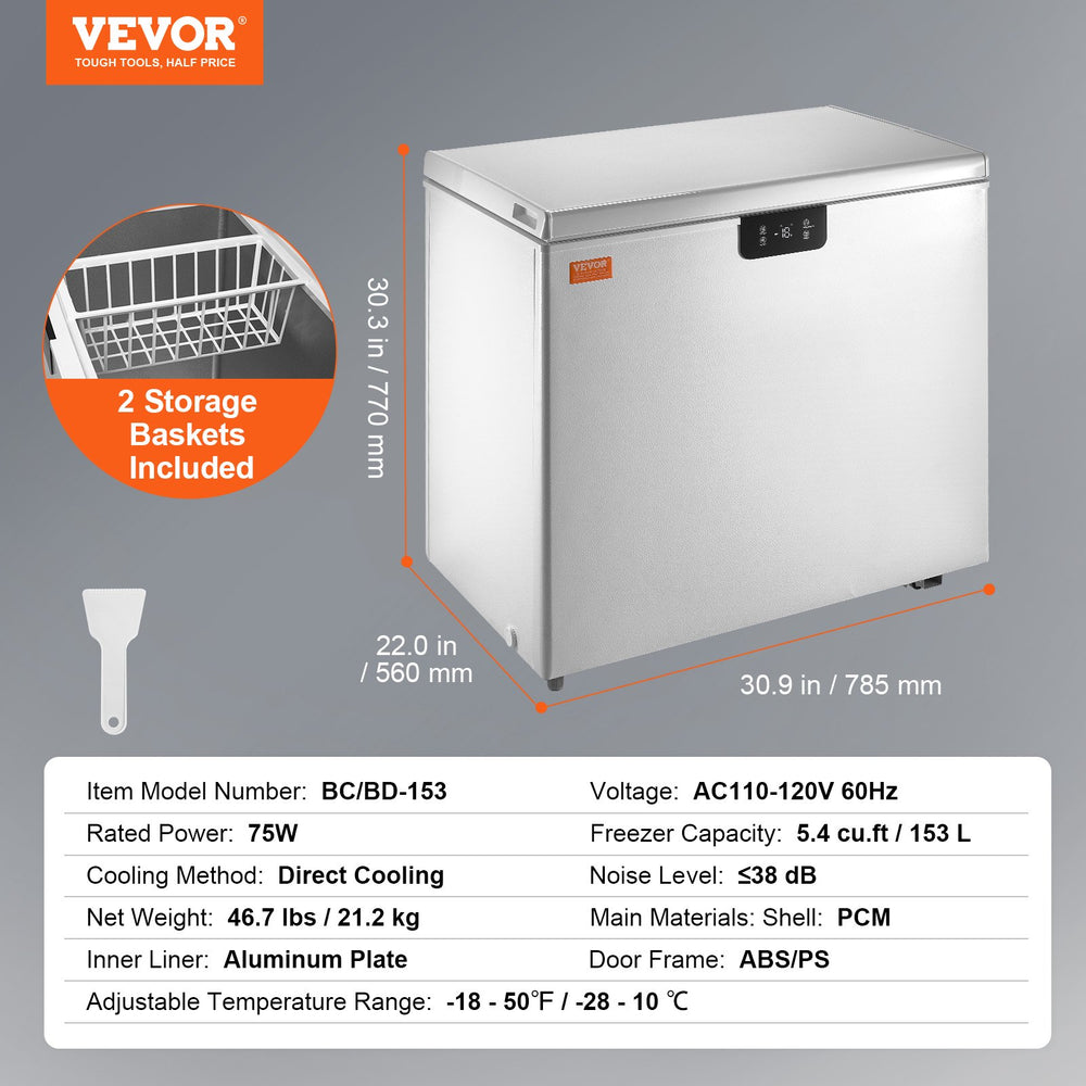 Vevor Chest Freezer 5.4 Cu. Ft. 153 L Deep Freezer with Adjustable Thermostat New