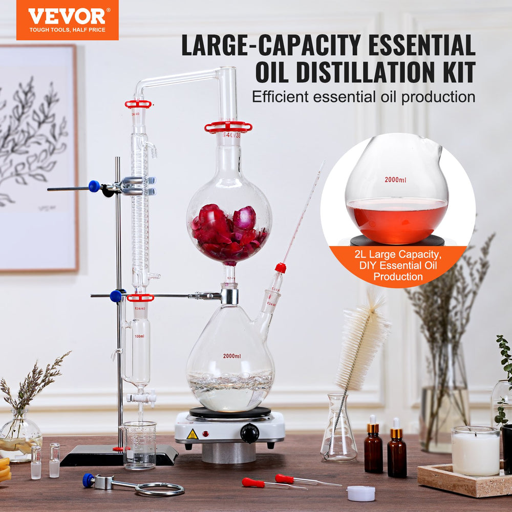 Vevor Distillation Kit 2.1 Qt Essential Oil Apparatus 3.3 Boro Glassware 1000W Heating Plate 24/40 Joints 28 PCS New