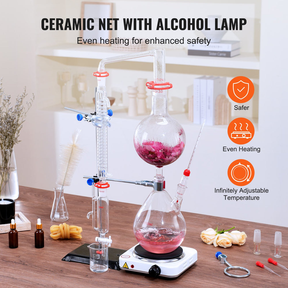 Vevor Distillation Kit 2.1 Qt Essential Oil Apparatus 3.3 Boro Glassware 1000W Heating Plate 24/40 Joints 28 PCS New