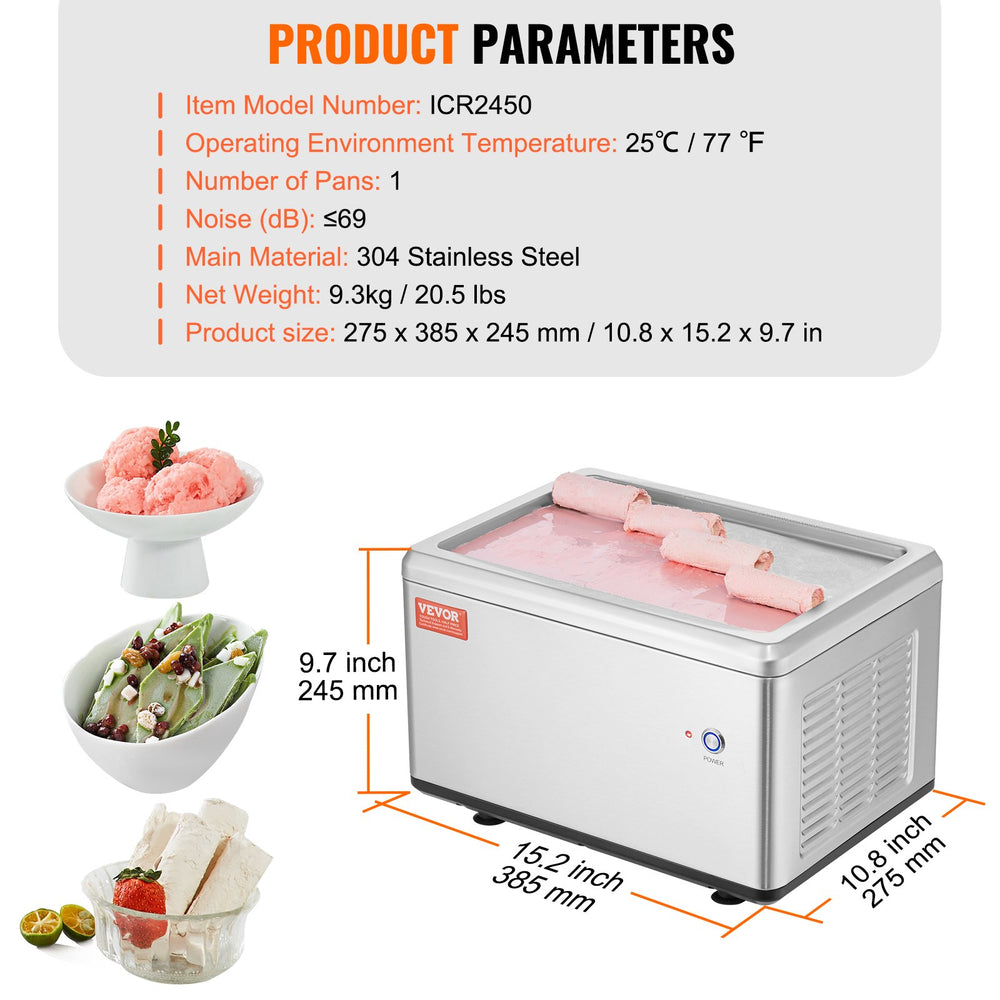 Vevor Ice Cream Roll Machine 19.3" x 14.9" Stainless Steel Commercial with Compressor and 2 Scrapers New