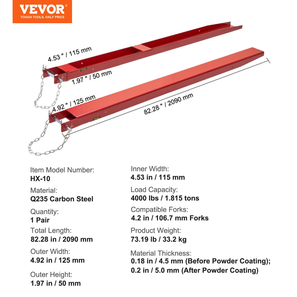 Vevor Pallet Fork Extensions 82.2" x 4.9" Heavy-Duty Carbon Steel Attachment 4,000 Lbs Capacity 1 Pair New