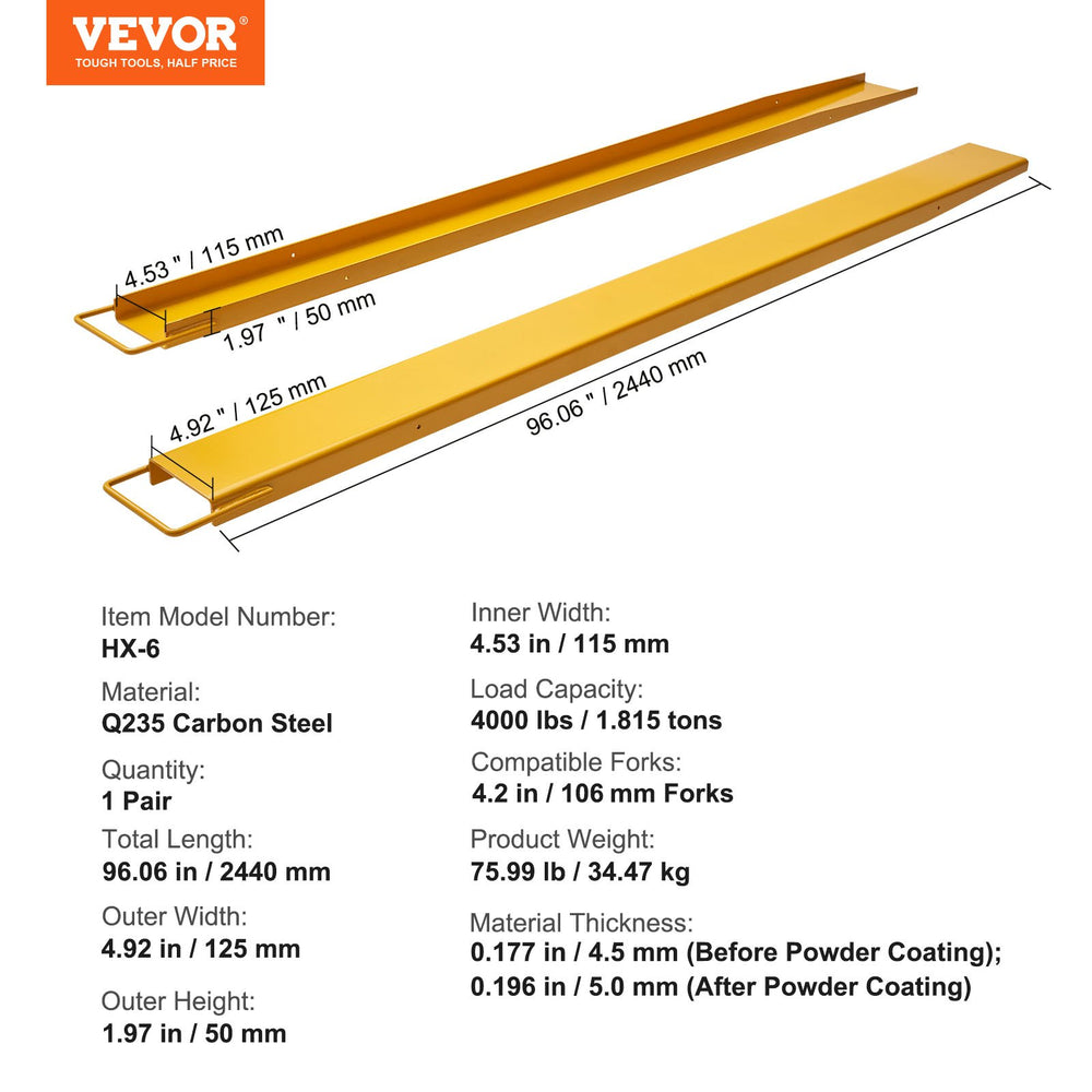 Vevor Pallet Fork Extensions 96" L x 4.5" W for Forklift Heavy Duty Carbon Steel 1 Pair New