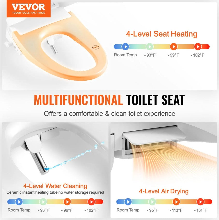 Vevor Electric Smart Bidet Toilet Seat Heated Elongated Seat with Remote Control New