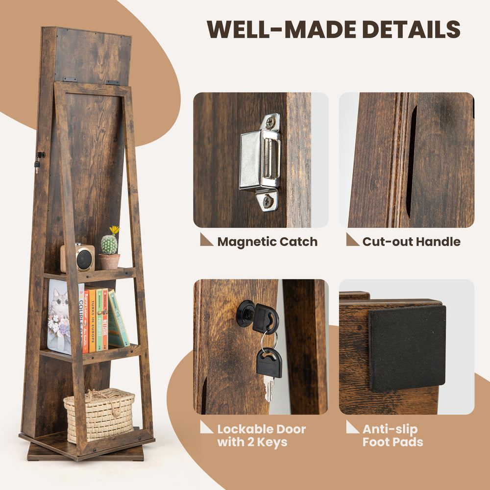Rustic brown 360° swivel jewelry armoire with lockable door, full-length mirror, and back shelves for organized storage.