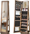 360° swivel jewelry armoire in rustic brown with full-length mirror and ample storage for jewelry and cosmetics.