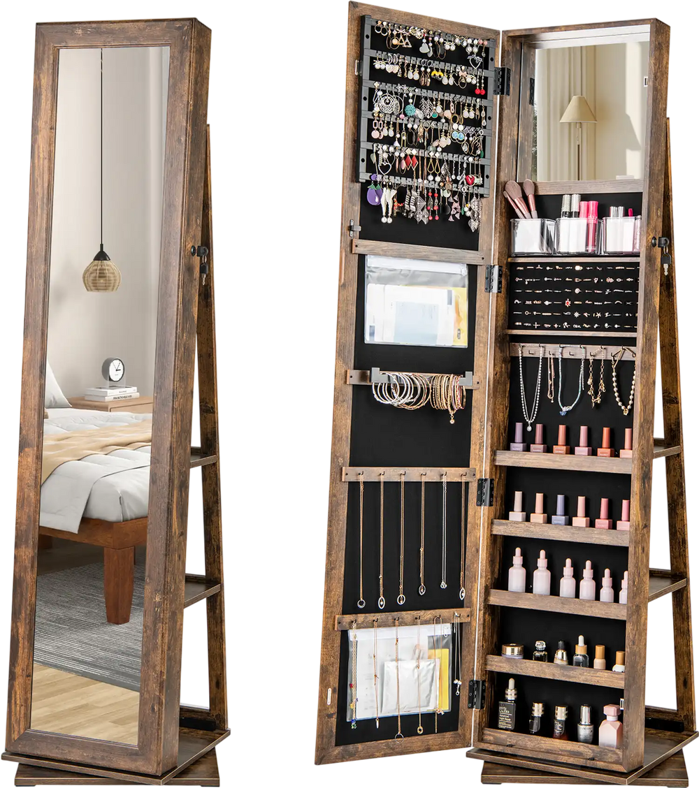 360° swivel jewelry armoire in rustic brown with full-length mirror and ample storage for jewelry and cosmetics.