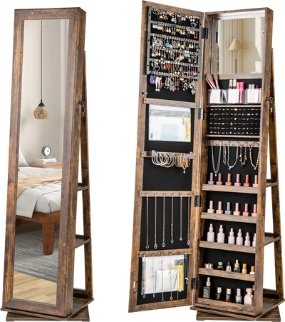 Costway 360° Swivel Jewelry Armoire Organizer Full Length Mirror Back Shelves 651284937 New