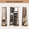 360° swivel jewelry armoire in rustic brown with full-length mirror and back shelves for organized storage in bedrooms.