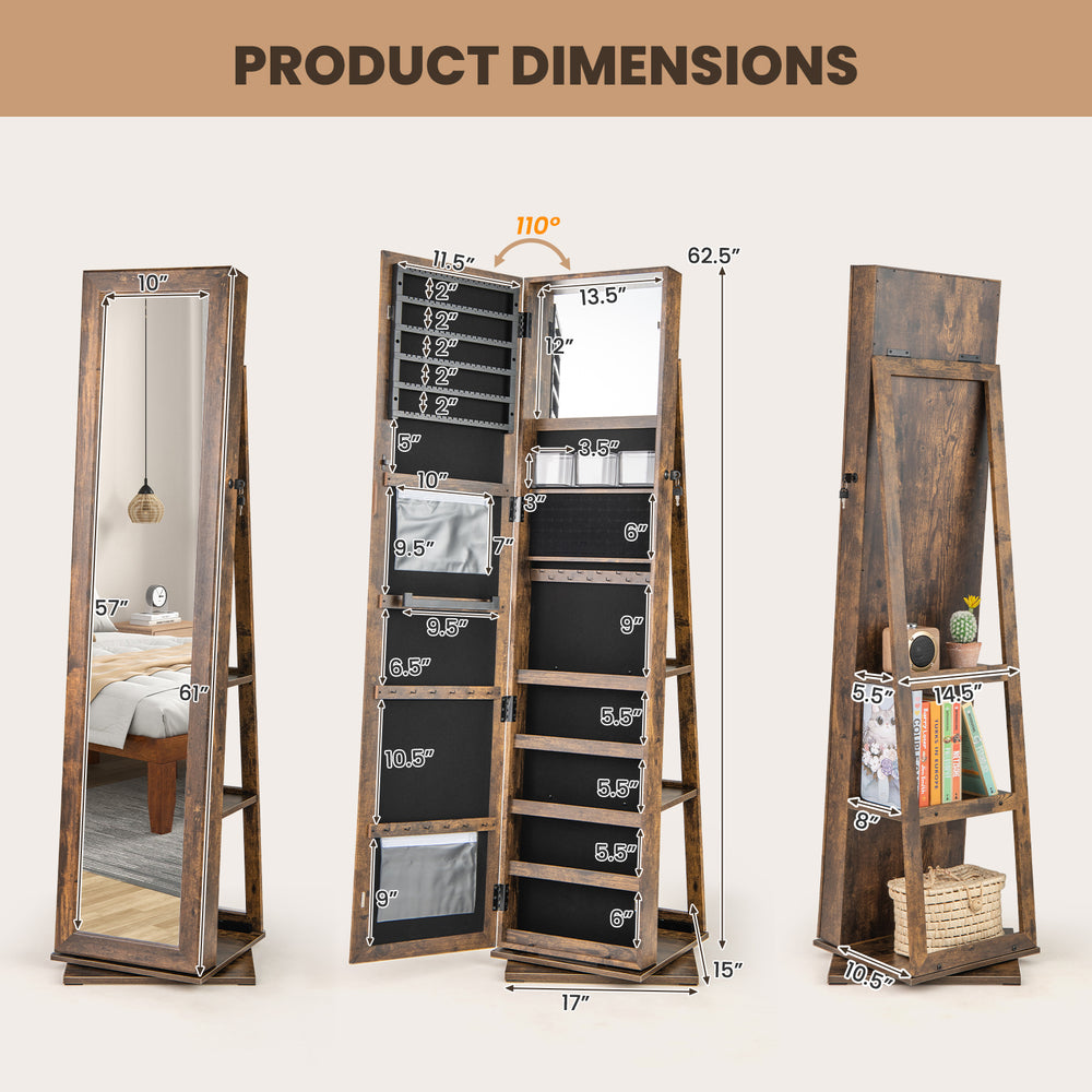 360° swivel jewelry armoire in rustic brown with full-length mirror and back shelves for organized storage in bedrooms.