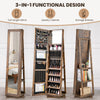 360° swivel jewelry armoire in rustic brown featuring a full-length mirror, jewelry cabinet, and storage shelves for.