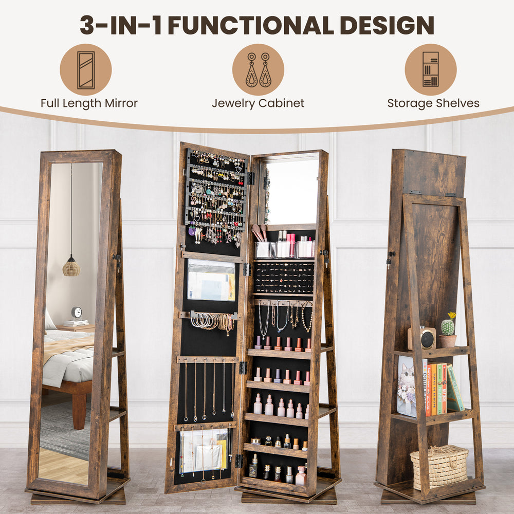 360° swivel jewelry armoire in rustic brown featuring a full-length mirror, jewelry cabinet, and storage shelves for.
