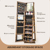 360° swivel jewelry armoire in rustic brown with full-length mirror, 120 earring slots, and ample storage for cosmetics.