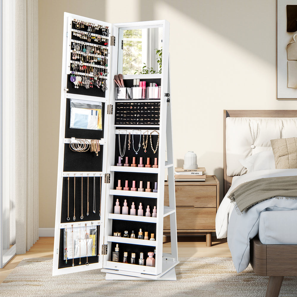 360° Swivel Jewelry Armoire Standing Jewelry Organizer with Full Length Mirror and Back Shelves-White - Gallery View 1 of 10