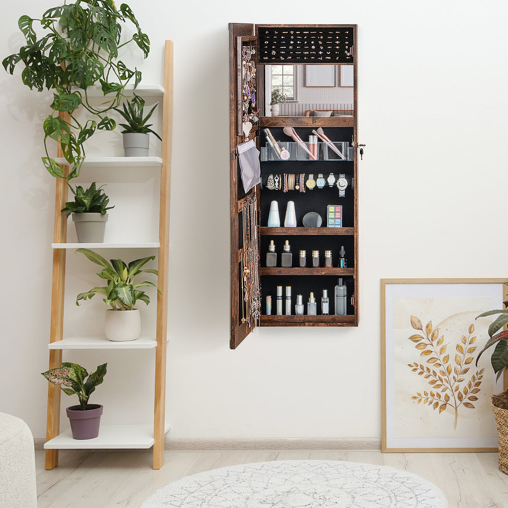 Rustic brown mirrored jewelry armoire with LED lights, full-length mirror, and ample storage for jewelry and.