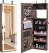 Full-length mirror jewelry armoire in rustic brown with LED lights, ample storage, and lockable design for secure.
