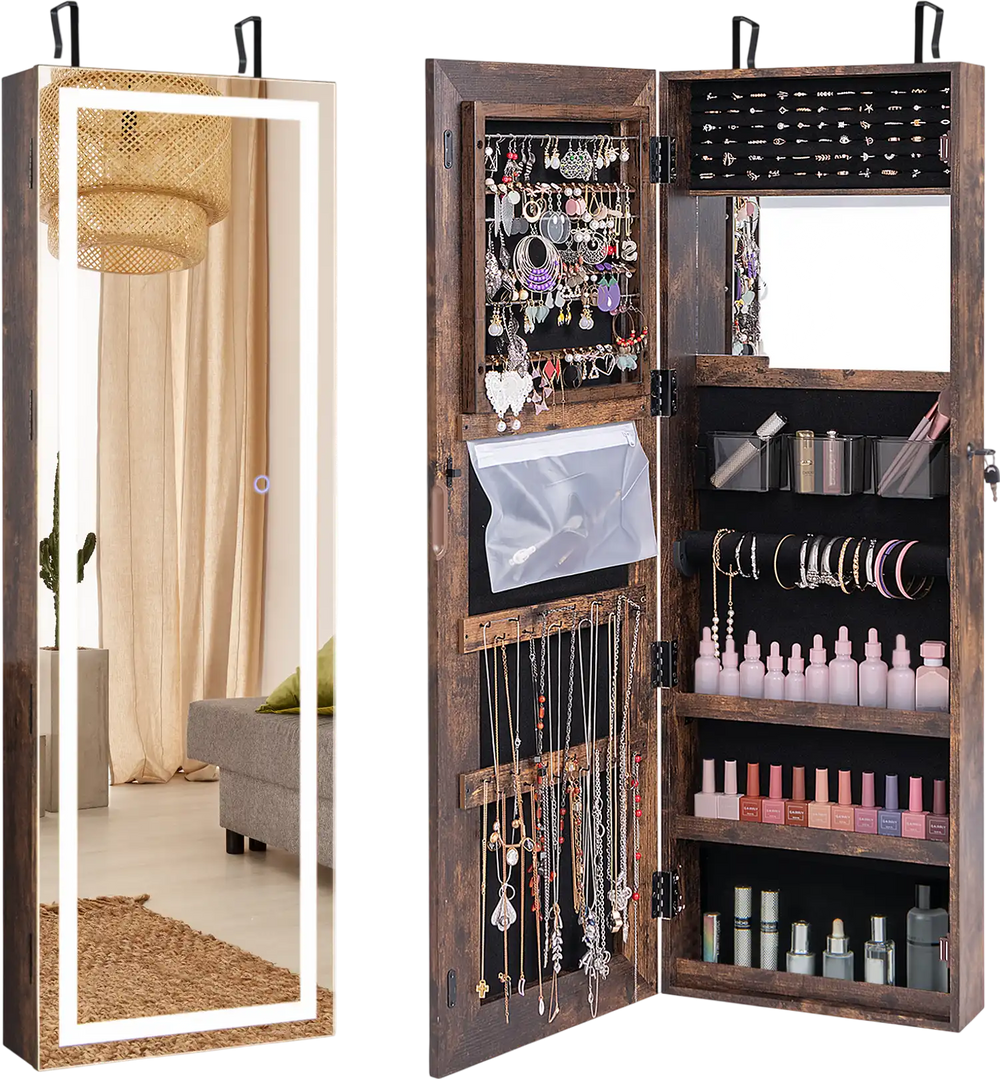 Full-length mirror jewelry armoire in rustic brown with LED lights, ample storage, and lockable design for secure.