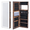 Rustic brown mirrored jewelry armoire with full-length mirror, LED lights, and ample storage for jewelry.